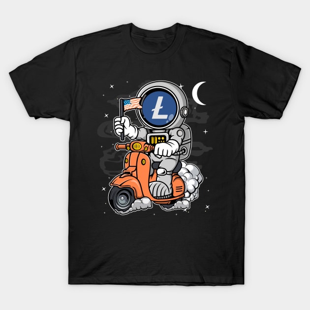 Astronaut Scooter Litecoin LTC Coin To The Moon Crypto Token Cryptocurrency Blockchain Wallet Birthday Gift For Men Women Kids T-Shirt by Thingking About